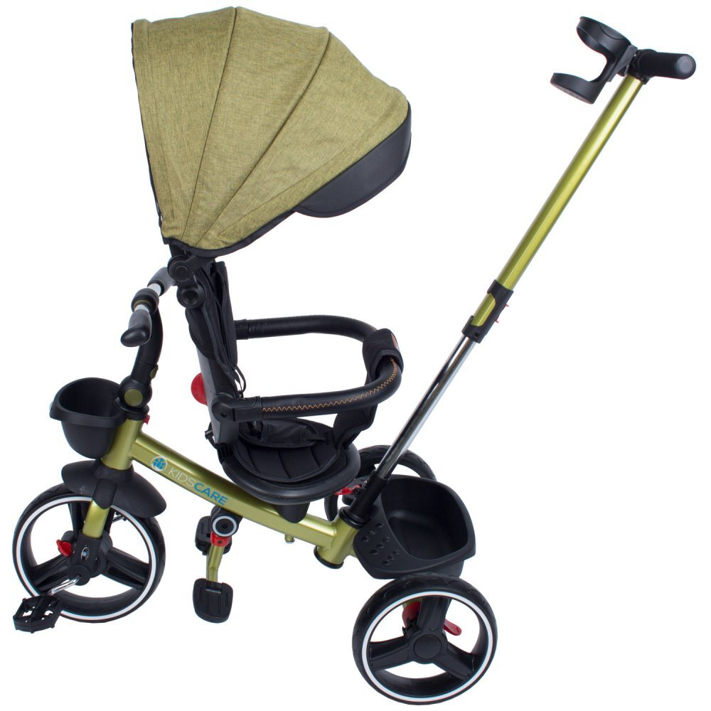 KidsCare Tricicleta pentru copii Impera Kaki pliabila scaun rotativ copertina de soare maner pentru parinti roti din cauciuc dispozitiv de franare suport pentru pahar si cos depozitare jucarii