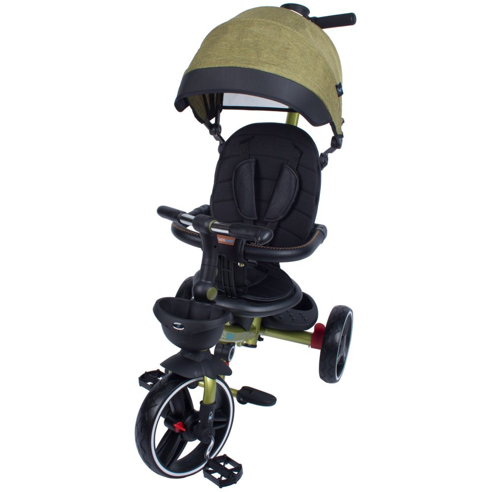 KidsCare Tricicleta pentru copii Impera Kaki pliabila scaun rotativ copertina de soare maner pentru parinti roti din cauciuc dispozitiv de franare suport pentru pahar si cos depozitare jucarii