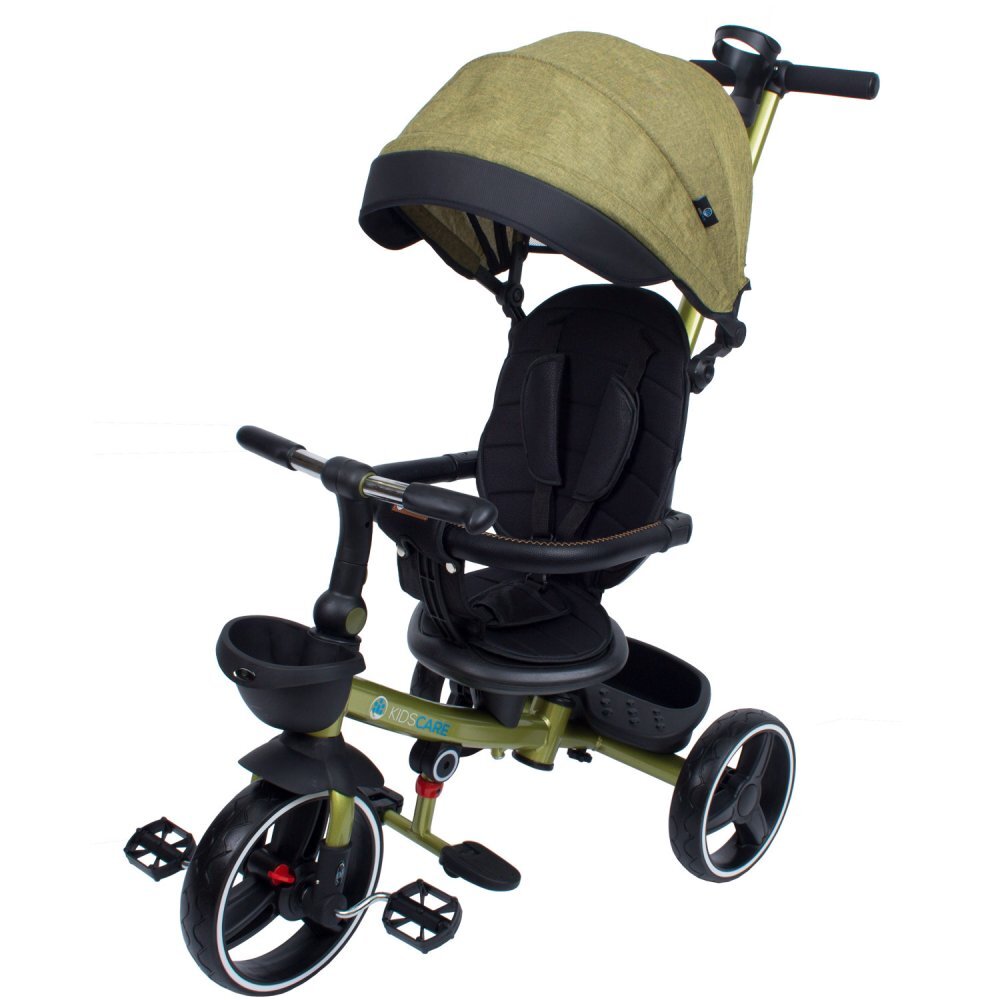 KidsCare Tricicleta pentru copii Impera Kaki pliabila scaun rotativ copertina de soare maner pentru parinti roti din cauciuc dispozitiv de franare suport pentru pahar si cos depozitare jucarii