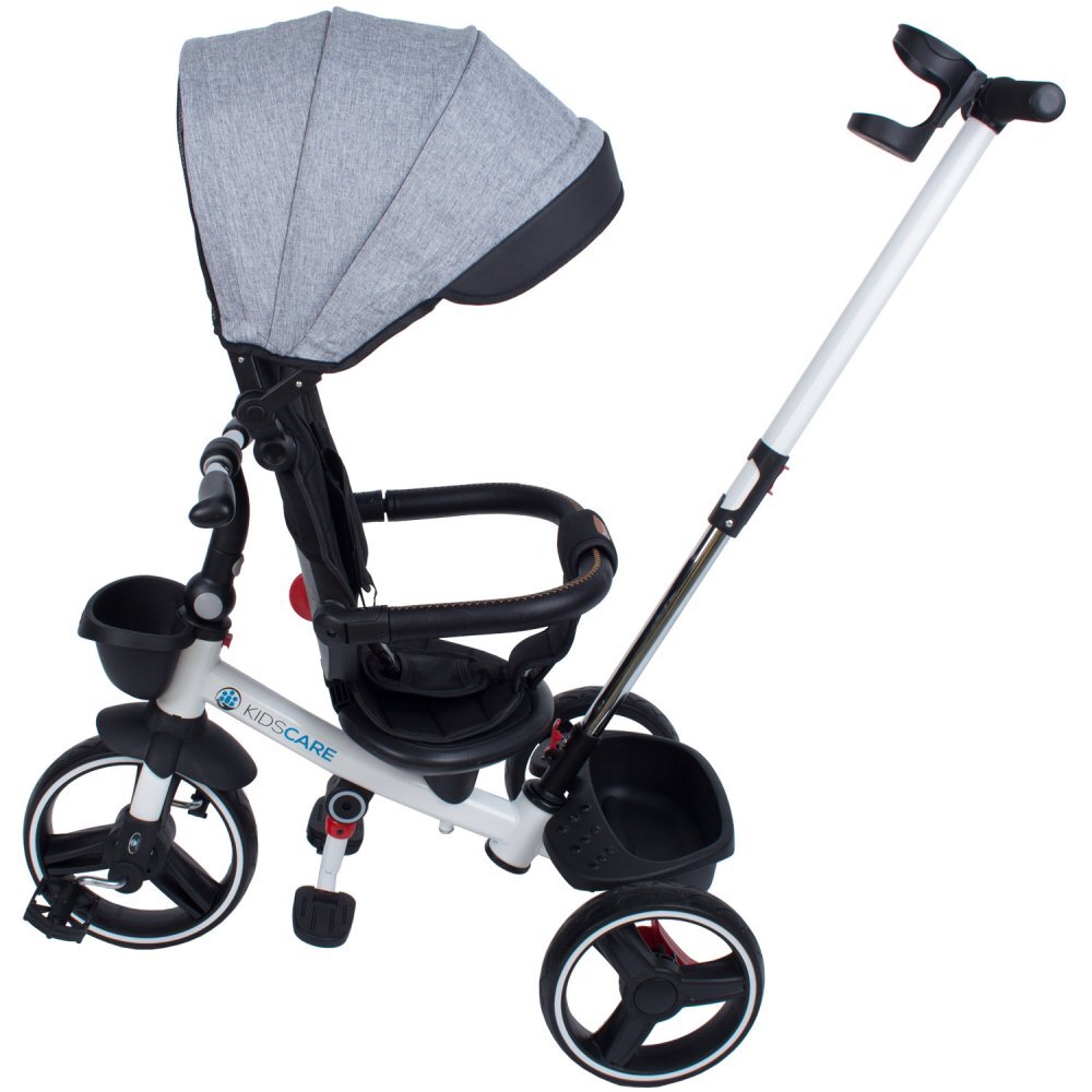 KidsCare Tricicleta pentru copii Impera pliabila cu scaun rotativ copertina de soare maner pentru parinti gri roti din cauciuc dispozitiv de franare suport pentru pahar si cos depozitare jucarii