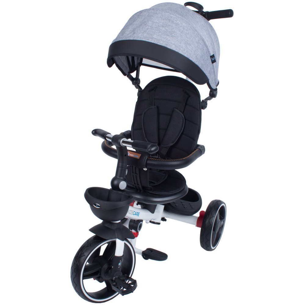 KidsCare Tricicleta pentru copii Impera pliabila cu scaun rotativ copertina de soare maner pentru parinti gri roti din cauciuc dispozitiv de franare suport pentru pahar si cos depozitare jucarii