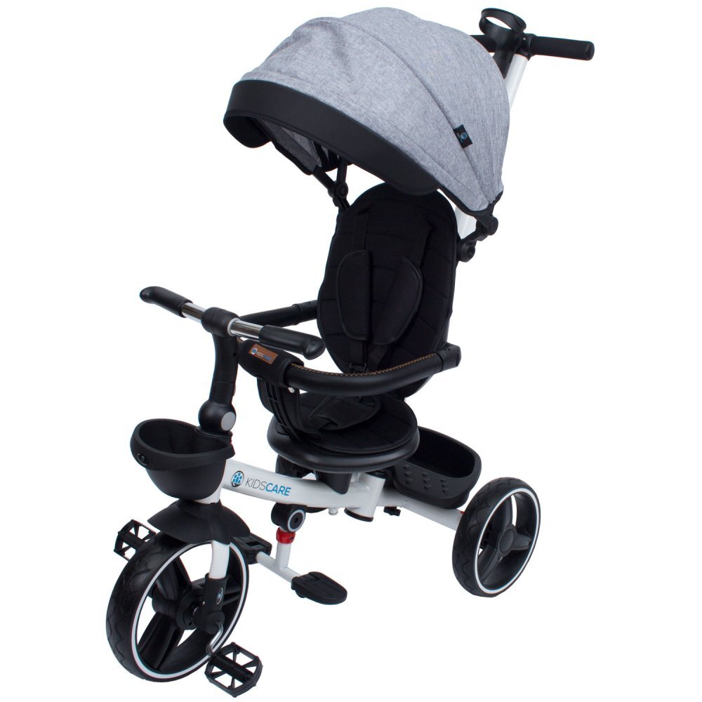 KidsCare Tricicleta pentru copii Impera pliabila cu scaun rotativ copertina de soare maner pentru parinti gri roti din cauciuc dispozitiv de franare suport pentru pahar si cos depozitare jucarii