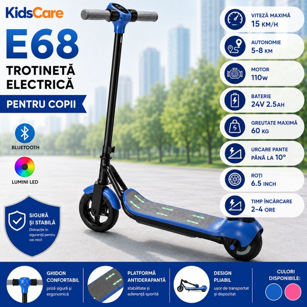 KidsCare Trotineta electrica pentru copii E68 Albastru motor 110W baterie 24V 2.5 Ah viteza 15 kmh bluetooth si lumini