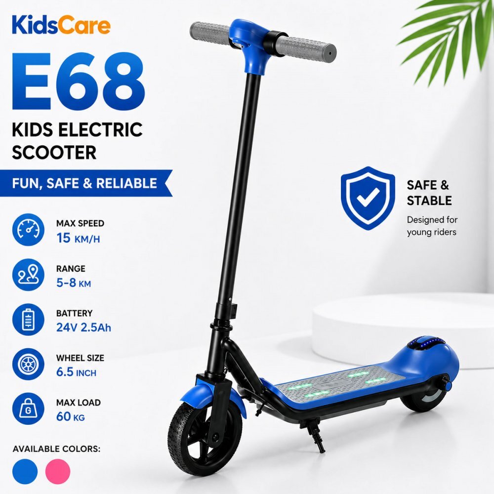 KidsCare Trotineta electrica pentru copii E68 Albastru motor 110W baterie 24V 2.5 Ah viteza 15 kmh bluetooth si lumini