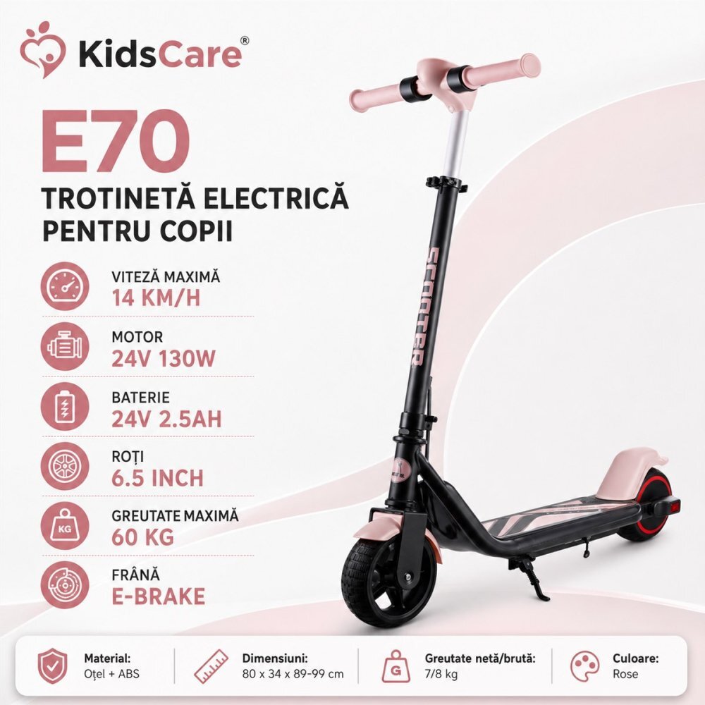 KidsCare Trotineta electrica pentru copii E70 Roz motor 130W baterie 24V 2.5Ah viteza 14 kmh lumini