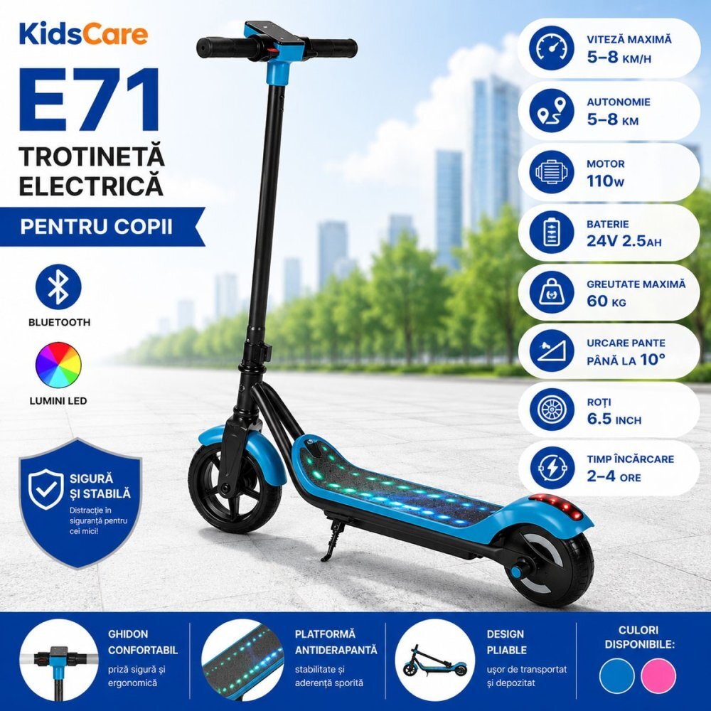 KidsCare Trotineta electrica pentru copii E71 Albastru motor 110W baterie 24V 2.5Ah viteza 12-15 kmh bluetooth lumini