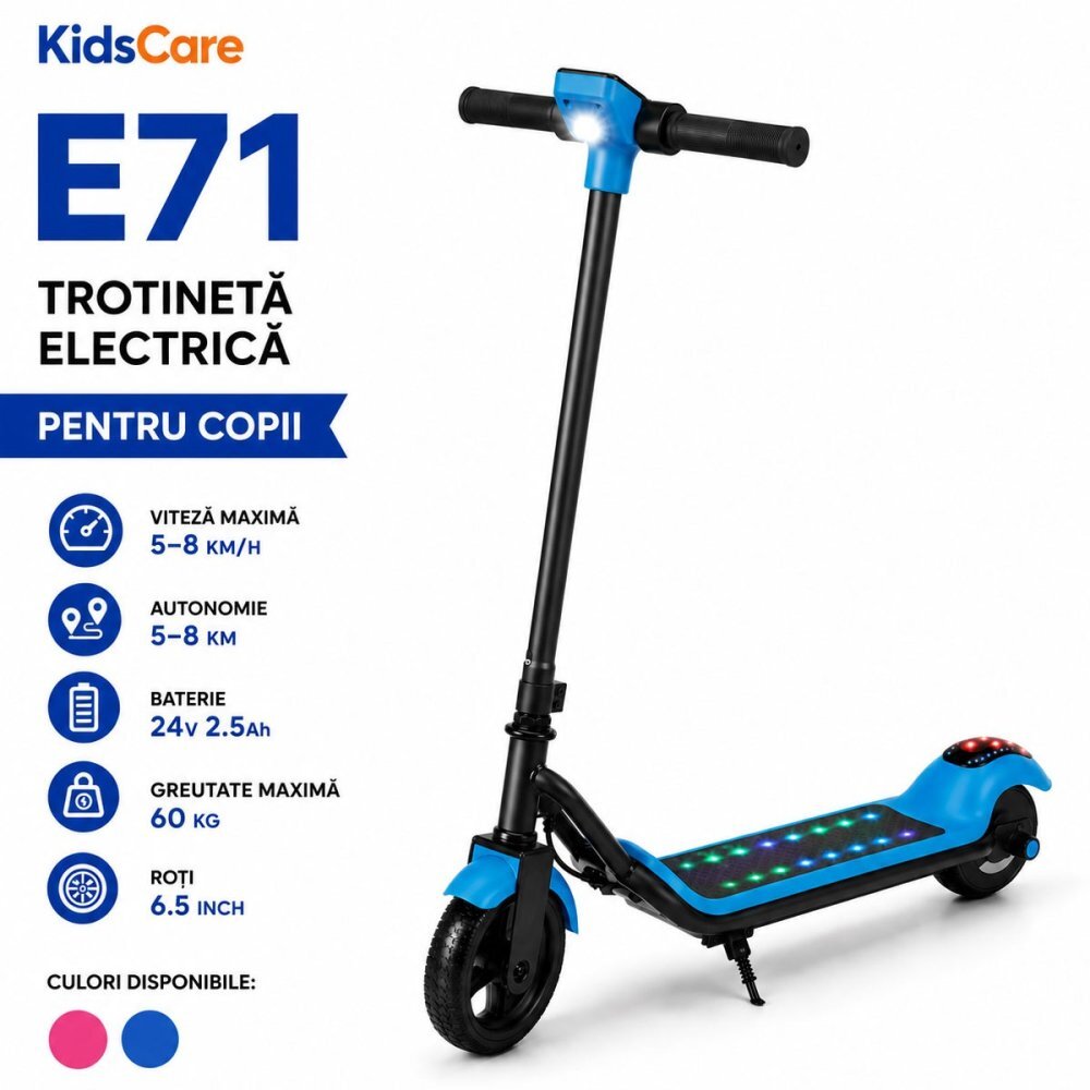 KidsCare Trotineta electrica pentru copii E71 Albastru motor 110W baterie 24V 2.5Ah viteza 12-15 kmh bluetooth lumini