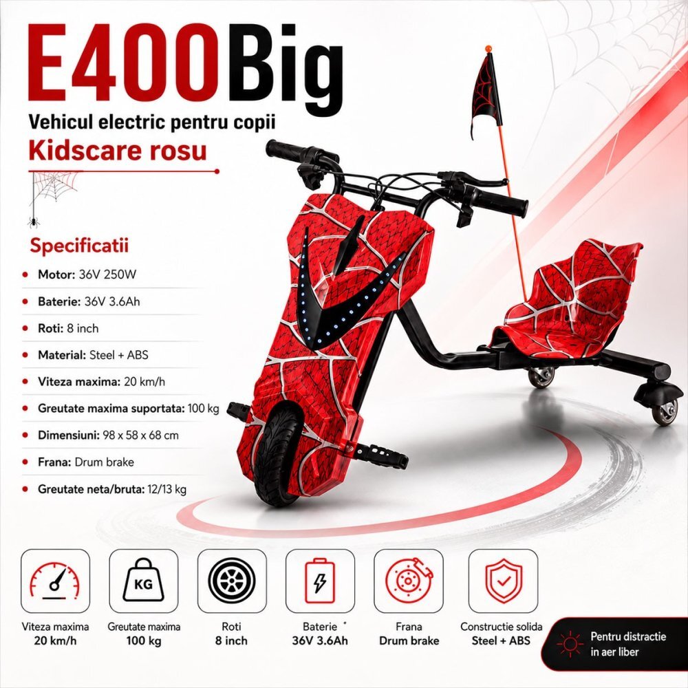 KidsCare Vehicul electric pentru copii Drift 360 E400Big Rosu motor 250W viteza 20 kmh baterie 36V 3.6Ah lumini LED kit de protectie inclus