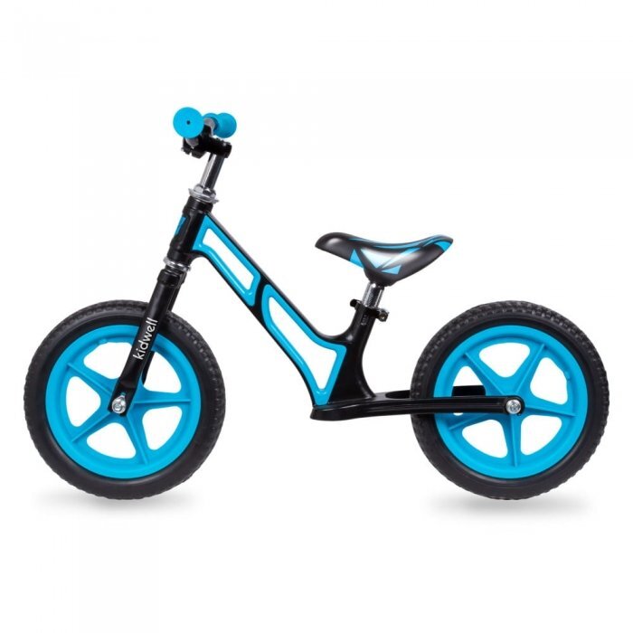 Kidwell Bicicleta copii fara pedale Comet Black Blue 12 inch cu cadru din magneziu roti din spuma EVA scaun reglabil pe inaltime de la 36-44 cm de la 3 ani inaltimea recomandata 80-120 cm