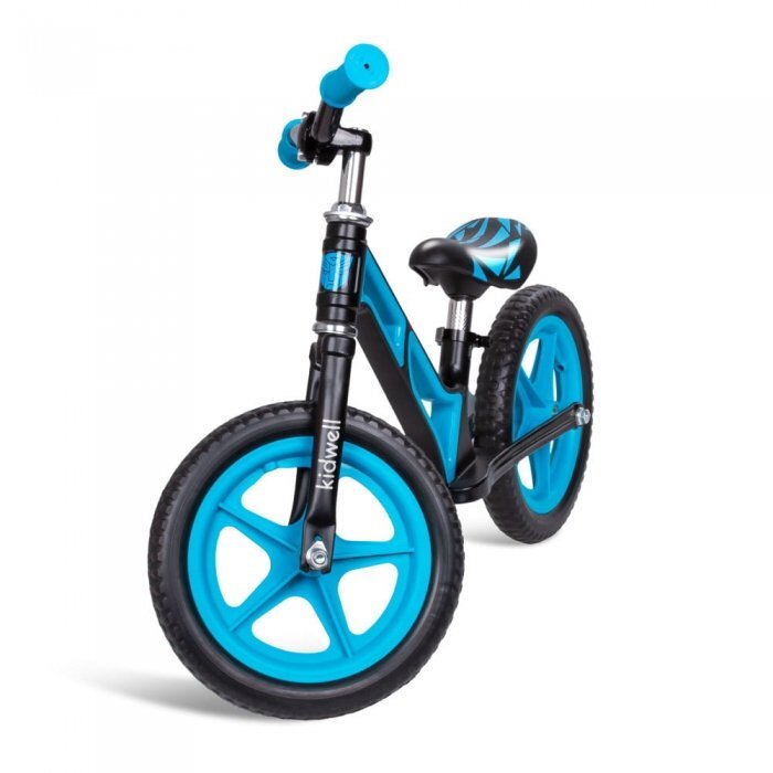 Kidwell Bicicleta copii fara pedale Comet Black Blue 12 inch cu cadru din magneziu roti din spuma EVA scaun reglabil pe inaltime de la 36-44 cm de la 3 ani inaltimea recomandata 80-120 cm
