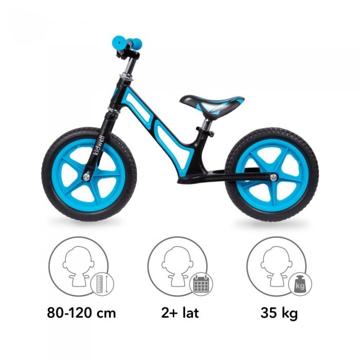 Kidwell Bicicleta copii fara pedale Comet Black Blue 12 inch cu cadru din magneziu roti din spuma EVA scaun reglabil pe inaltime de la 36-44 cm de la 3 ani inaltimea recomandata 80-120 cm