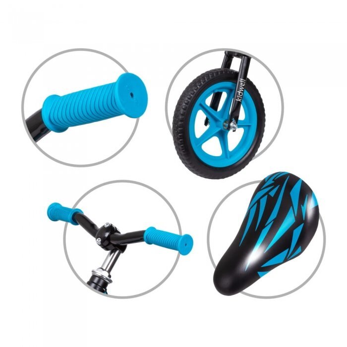 Kidwell Bicicleta copii fara pedale Comet Black Blue 12 inch cu cadru din magneziu roti din spuma EVA scaun reglabil pe inaltime de la 36-44 cm de la 3 ani inaltimea recomandata 80-120 cm