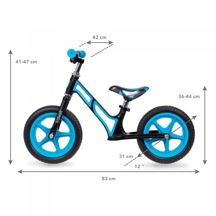 Kidwell Bicicleta copii fara pedale Comet Black Blue 12 inch cu cadru din magneziu roti din spuma EVA scaun reglabil pe inaltime de la 36-44 cm de la 3 ani inaltimea recomandata 80-120 cm