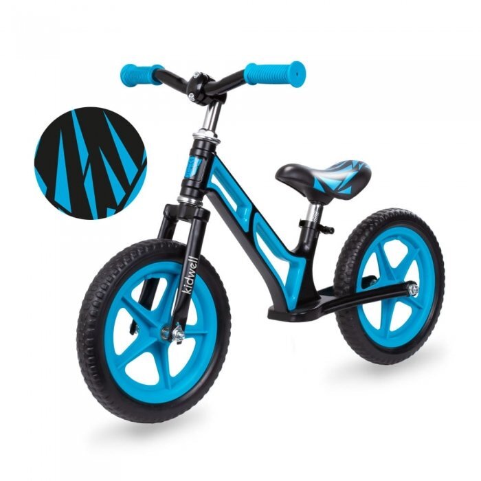 Kidwell Bicicleta copii fara pedale Comet Black Blue 12 inch cu cadru din magneziu roti din spuma EVA scaun reglabil pe inaltime de la 36-44 cm de la 3 ani inaltimea recomandata 80-120 cm