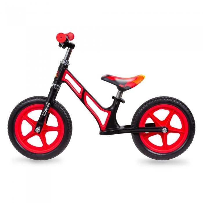 Kidwell Bicicleta copii fara pedale Comet Black Red 12 inch cu cadru din magneziu roti din spuma EVA scaun reglabil pe inaltime 36-44 cm inaltimea copilului 80-120 cm greutatea maxima admisa 35 kg