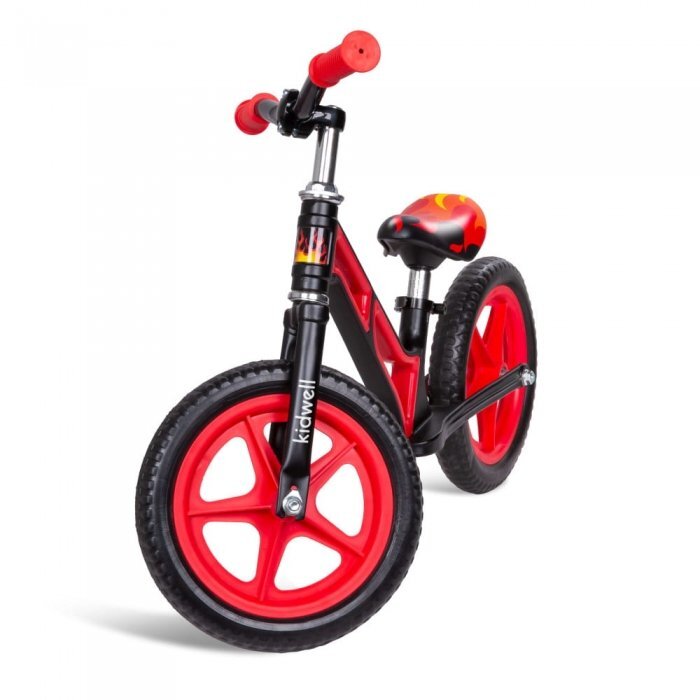 Kidwell Bicicleta copii fara pedale Comet Black Red 12 inch cu cadru din magneziu roti din spuma EVA scaun reglabil pe inaltime 36-44 cm inaltimea copilului 80-120 cm greutatea maxima admisa 35 kg