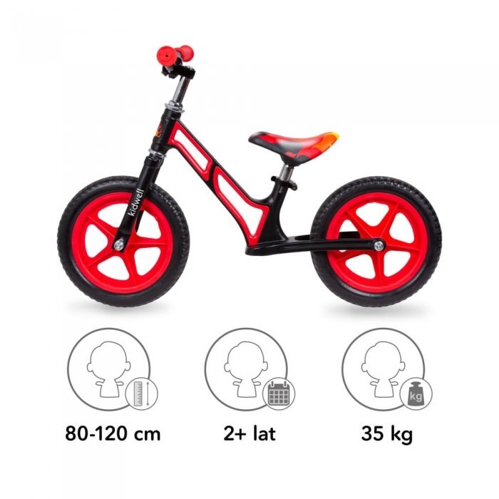 Kidwell Bicicleta copii fara pedale Comet Black Red 12 inch cu cadru din magneziu roti din spuma EVA scaun reglabil pe inaltime 36-44 cm inaltimea copilului 80-120 cm greutatea maxima admisa 35 kg