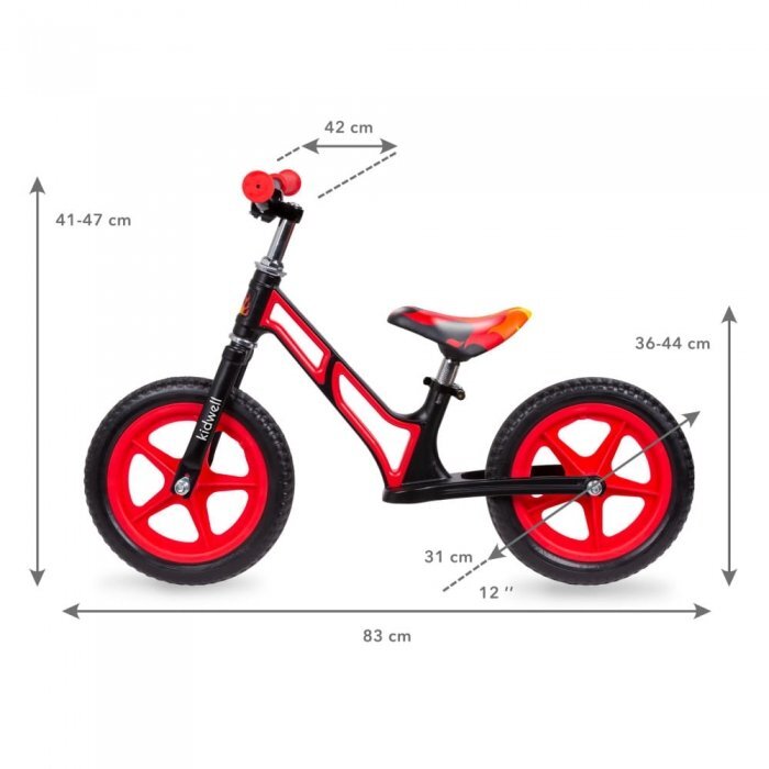Kidwell Bicicleta copii fara pedale Comet Black Red 12 inch cu cadru din magneziu roti din spuma EVA scaun reglabil pe inaltime 36-44 cm inaltimea copilului 80-120 cm greutatea maxima admisa 35 kg