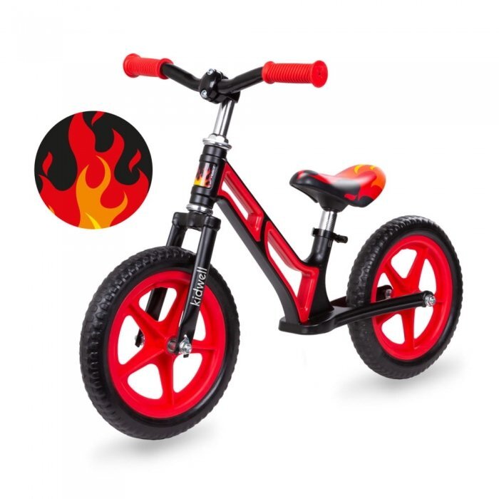 Kidwell Bicicleta copii fara pedale Comet Black Red 12 inch cu cadru din magneziu roti din spuma EVA scaun reglabil pe inaltime 36-44 cm inaltimea copilului 80-120 cm greutatea maxima admisa 35 kg