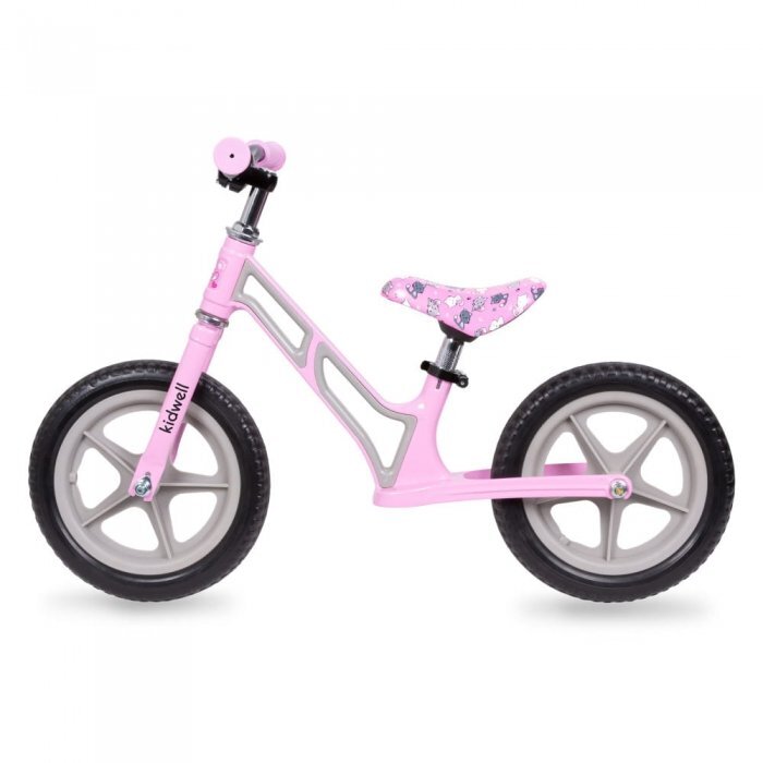 Kidwell Bicicleta copii fara pedale Comet Pink Gray 12 inch cu cadru din magneziu roti din spuma EVA scaun reglabil pe inaltime 36-44 cm inaltimea copilului 80-120 cm greutatea maxima admisa 35 kg