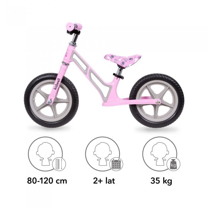 Kidwell Bicicleta copii fara pedale Comet Pink Gray 12 inch cu cadru din magneziu roti din spuma EVA scaun reglabil pe inaltime 36-44 cm inaltimea copilului 80-120 cm greutatea maxima admisa 35 kg