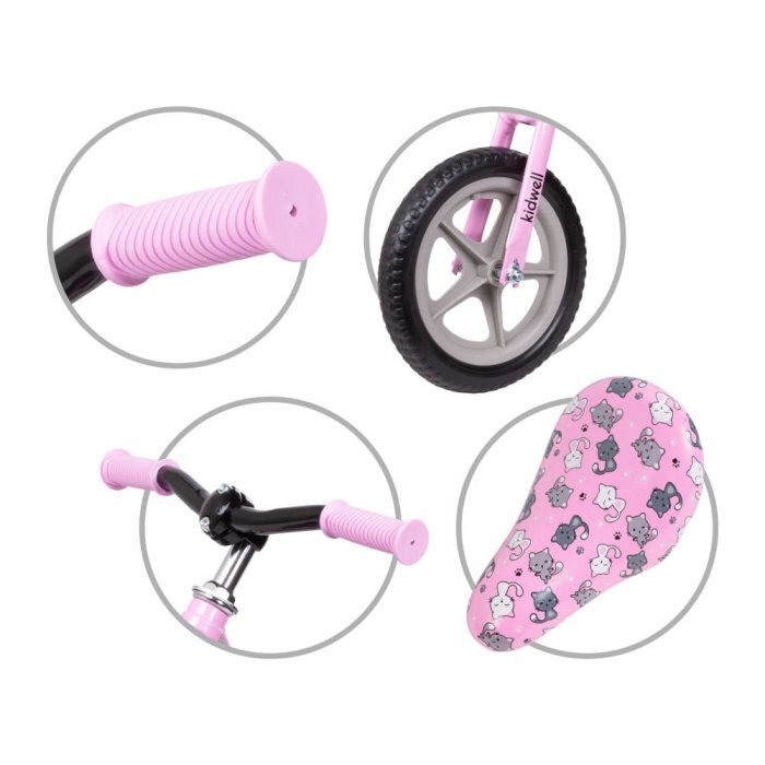 Kidwell Bicicleta copii fara pedale Comet Pink Gray 12 inch cu cadru din magneziu roti din spuma EVA scaun reglabil pe inaltime 36-44 cm inaltimea copilului 80-120 cm greutatea maxima admisa 35 kg