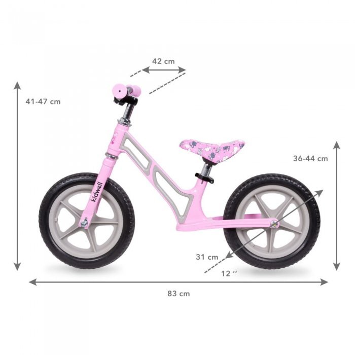 Kidwell Bicicleta copii fara pedale Comet Pink Gray 12 inch cu cadru din magneziu roti din spuma EVA scaun reglabil pe inaltime 36-44 cm inaltimea copilului 80-120 cm greutatea maxima admisa 35 kg