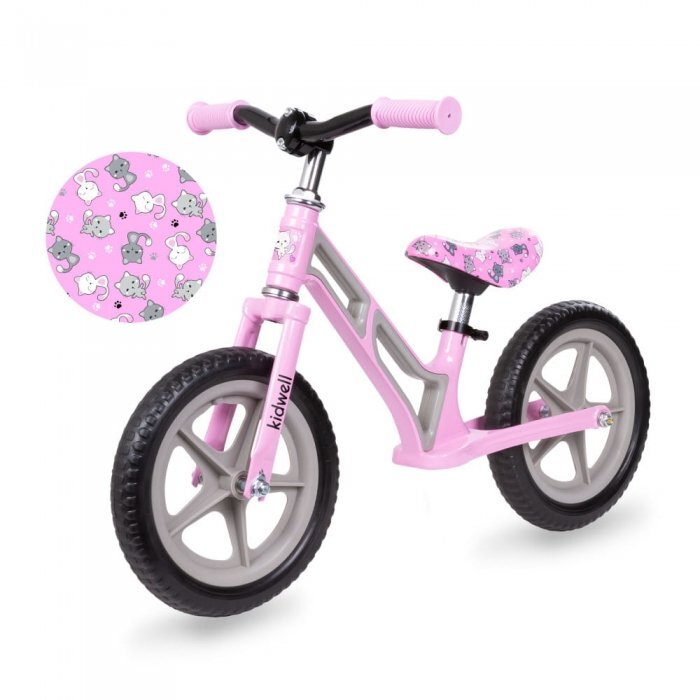 Kidwell Bicicleta copii fara pedale Comet Pink Gray 12 inch cu cadru din magneziu roti din spuma EVA scaun reglabil pe inaltime 36-44 cm inaltimea copilului 80-120 cm greutatea maxima admisa 35 kg