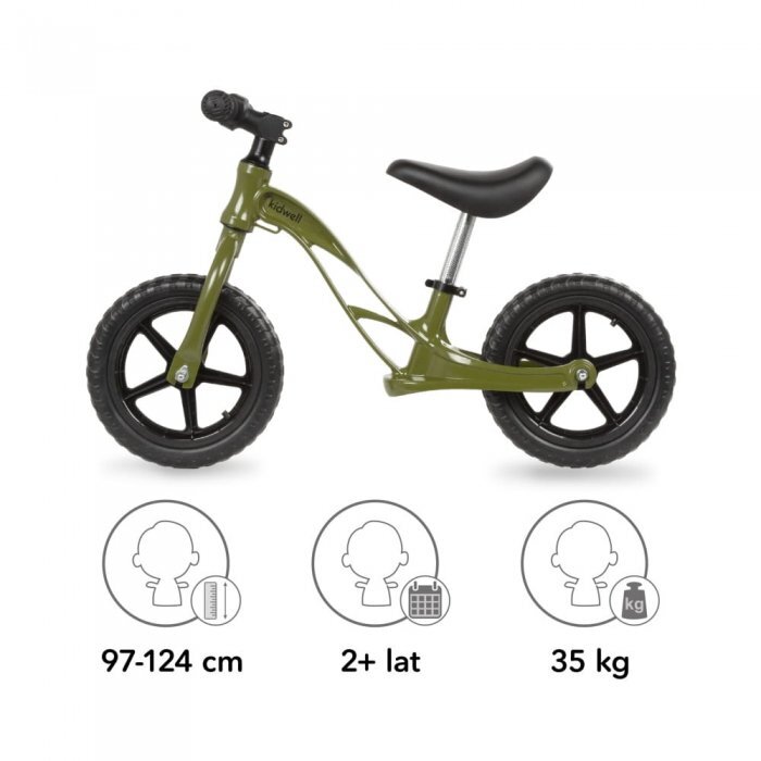 Kidwell Bicicleta copii fara pedale cu cadru din magneziu Rocky Khaki 12 inch cadru din magneziu scaun reglabil pe inaltime 31-42 cm roti cu rulmenti ABEC-9 anvelope mari EVAde la 2 anigreutatea maxima a copilului 35 kg