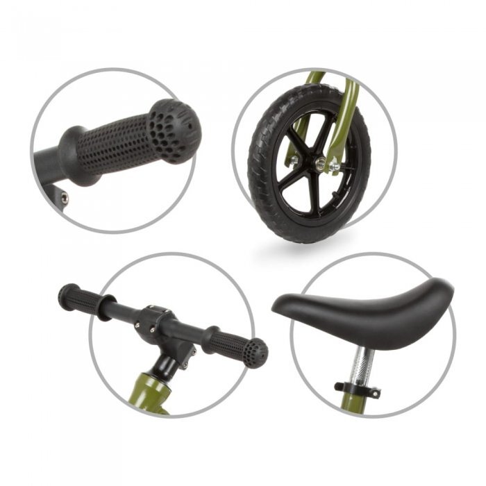 Kidwell Bicicleta copii fara pedale cu cadru din magneziu Rocky Khaki 12 inch cadru din magneziu scaun reglabil pe inaltime 31-42 cm roti cu rulmenti ABEC-9 anvelope mari EVAde la 2 anigreutatea maxima a copilului 35 kg