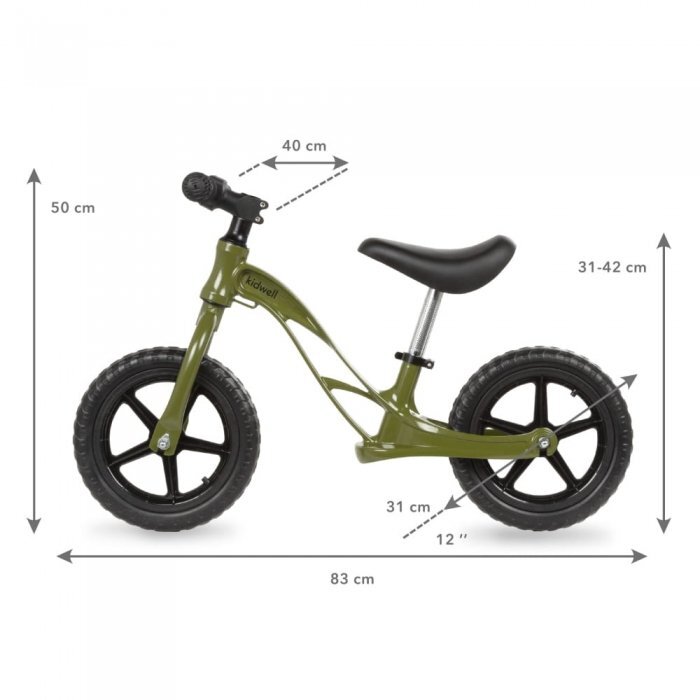Kidwell Bicicleta copii fara pedale cu cadru din magneziu Rocky Khaki 12 inch cadru din magneziu scaun reglabil pe inaltime 31-42 cm roti cu rulmenti ABEC-9 anvelope mari EVAde la 2 anigreutatea maxima a copilului 35 kg