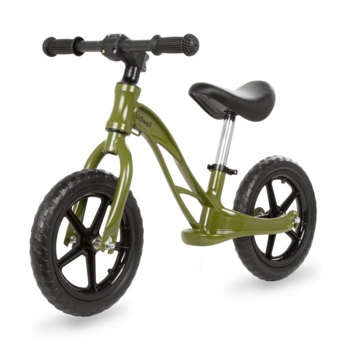 Kidwell Bicicleta copii fara pedale cu cadru din magneziu Rocky Khaki 12 inch cadru din magneziu scaun reglabil pe inaltime 31-42 cm roti cu rulmenti ABEC-9 anvelope mari EVAde la 2 anigreutatea maxima a copilului 35 kg