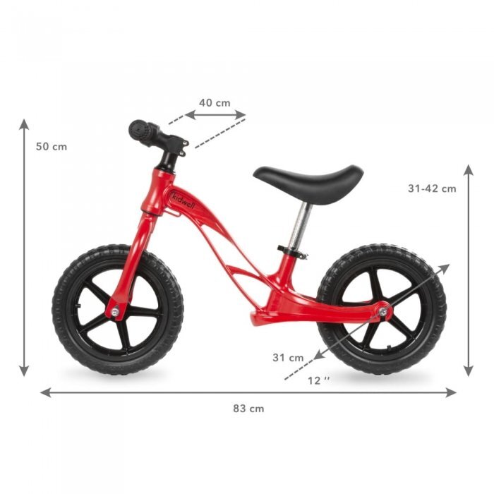 Kidwell Bicicleta copii fara pedale cu cadru din magneziu Rocky Red 12 inch cadru din magneziu scaun reglabil pe inaltime 31-42 cm roti cu rulmenti ABEC-9 anvelope mari EVA de la 2 ani greutatea maxima a copilului 35 kg