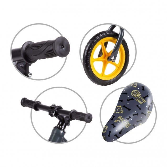 Kidwell Bicicleta copii fara pedale Mundo Dogs 12 inch cu roti din spuma EVA scaun reglabil pe inaltime 34-44 cm de la 3 ani inaltimea recomandata a copilului 80-120 cm