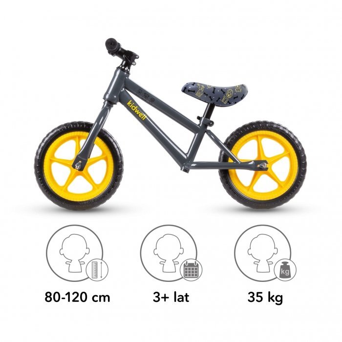 Kidwell Bicicleta copii fara pedale Mundo Dogs 12 inch cu roti din spuma EVA scaun reglabil pe inaltime 34-44 cm de la 3 ani inaltimea recomandata a copilului 80-120 cm