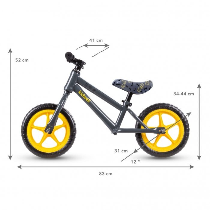 Kidwell Bicicleta copii fara pedale Mundo Dogs 12 inch cu roti din spuma EVA scaun reglabil pe inaltime 34-44 cm de la 3 ani inaltimea recomandata a copilului 80-120 cm