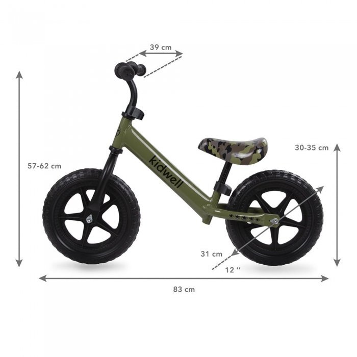 Kidwell Bicicleta copii fara Pedale Rebel Khaki 12 inch ghidon ajustabil pe inaltime greutate redusa roti spuma EVA scaun reglabil pe inaltime de la 2 ani