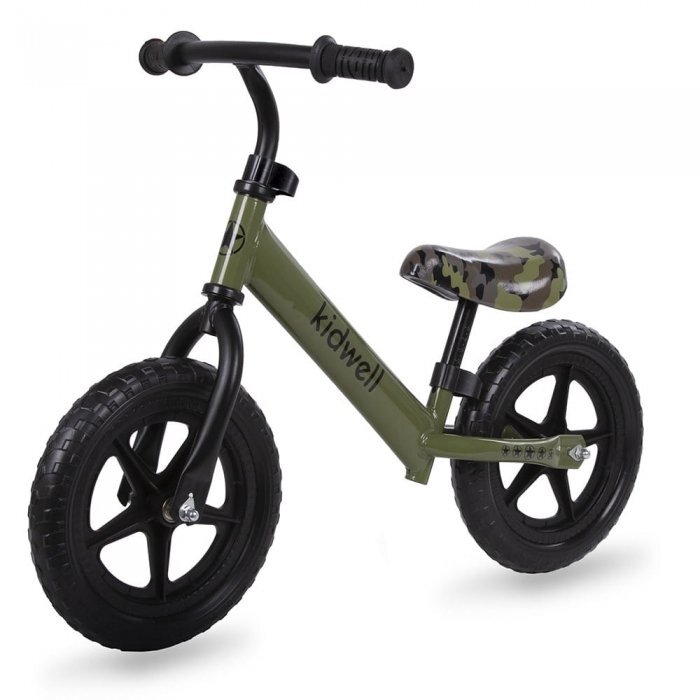 Kidwell Bicicleta copii fara Pedale Rebel Khaki 12 inch ghidon ajustabil pe inaltime greutate redusa roti spuma EVA scaun reglabil pe inaltime de la 2 ani
