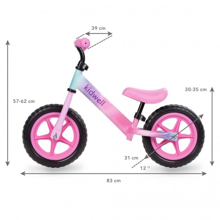 Kidwell Bicicleta copii fara pedale Rebel Ombre 12 inch varsta 3-4 ani ghidon cu cu inaltime reglabila roti late din cauciuc EVA scaun moale reglabil greutate mmaxima admisa 30 kg inaltimea 80-120 cm