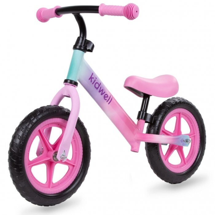 Kidwell Bicicleta copii fara pedale Rebel Ombre 12 inch varsta 3-4 ani ghidon cu cu inaltime reglabila roti late din cauciuc EVA scaun moale reglabil greutate mmaxima admisa 30 kg inaltimea 80-120 cm