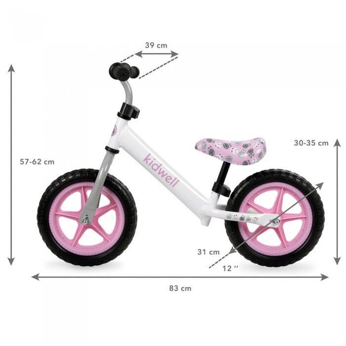 Kidwell Bicicleta copii fara pedale Rebel White Bunny 12 inch ghidon ajustabil pe inaltime greutate redusa roti spuma EVA scaun reglabil pe inaltime de la 2 ani