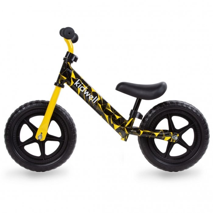 Kidwell Bicicleta copii fara pedale Rebel Yellow 12 inch varsta 3-4 ani ghidon cu cu inaltime reglabila roti late din cauciuc EVA scaun moale reglabil greutate mmaxima admisa 30 kg inaltimea 80-120 cm