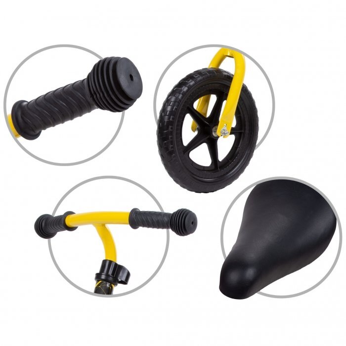 Kidwell Bicicleta copii fara pedale Rebel Yellow 12 inch varsta 3-4 ani ghidon cu cu inaltime reglabila roti late din cauciuc EVA scaun moale reglabil greutate mmaxima admisa 30 kg inaltimea 80-120 cm