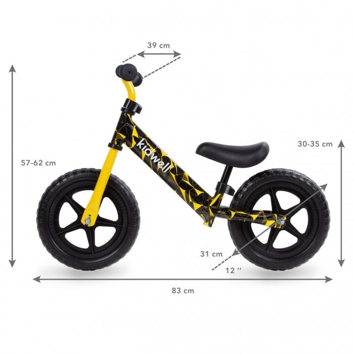 Kidwell Bicicleta copii fara pedale Rebel Yellow 12 inch varsta 3-4 ani ghidon cu cu inaltime reglabila roti late din cauciuc EVA scaun moale reglabil greutate mmaxima admisa 30 kg inaltimea 80-120 cm