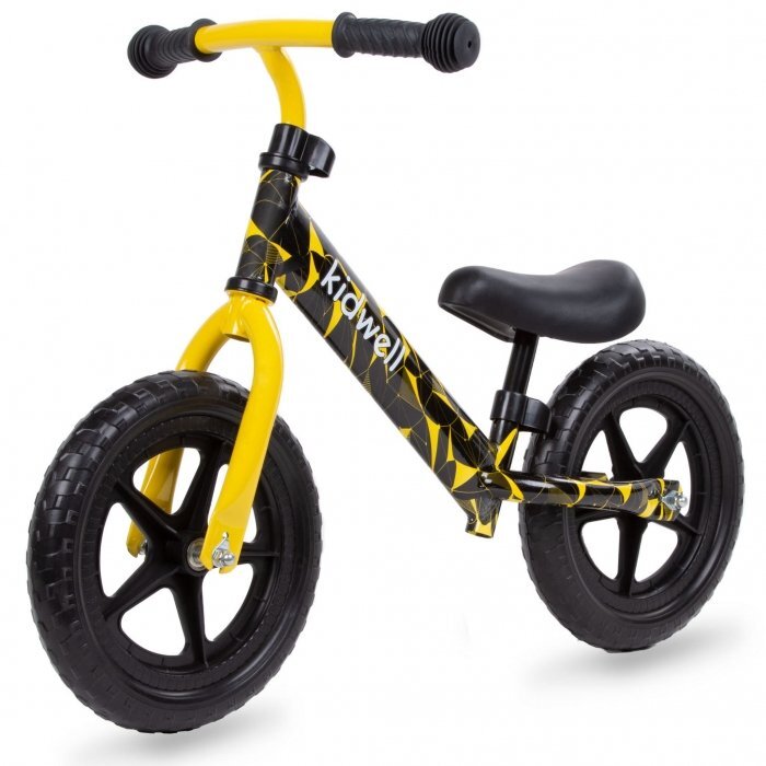 Kidwell Bicicleta copii fara pedale Rebel Yellow 12 inch varsta 3-4 ani ghidon cu cu inaltime reglabila roti late din cauciuc EVA scaun moale reglabil greutate mmaxima admisa 30 kg inaltimea 80-120 cm