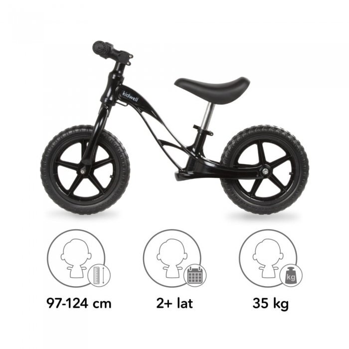 Kidwell Bicicleta copii fara pedale Rocky Black 12 inch cadru din magneziu scaun reglabil pe inaltime 31-42 cm roti cu rulmenti ABEC-9 anvelope mari EVA de la 2 ani greutatea maxima a copilului 35 kg