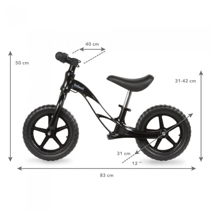Kidwell Bicicleta copii fara pedale Rocky Black 12 inch cadru din magneziu scaun reglabil pe inaltime 31-42 cm roti cu rulmenti ABEC-9 anvelope mari EVA de la 2 ani greutatea maxima a copilului 35 kg