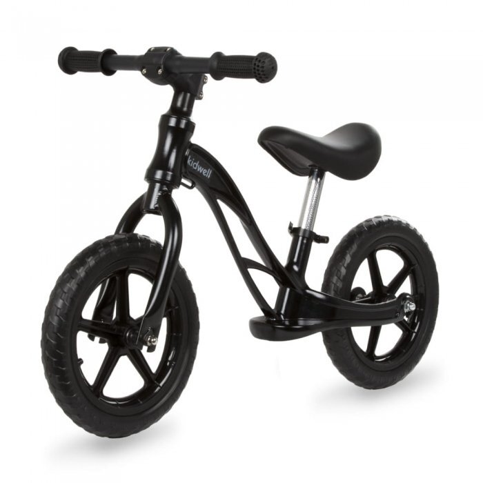 Kidwell Bicicleta copii fara pedale Rocky Black 12 inch cadru din magneziu scaun reglabil pe inaltime 31-42 cm roti cu rulmenti ABEC-9 anvelope mari EVA de la 2 ani greutatea maxima a copilului 35 kg