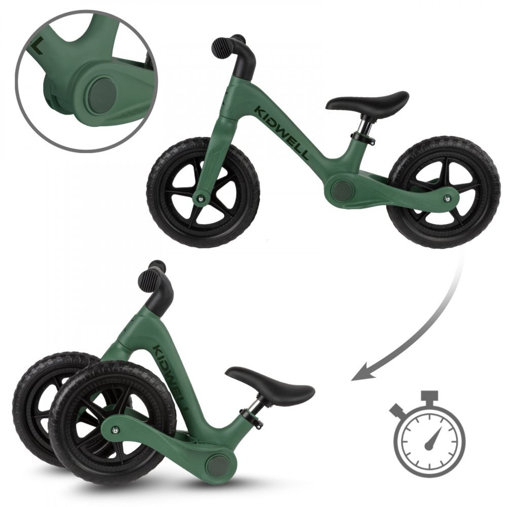 Kidwell Bicicleta de echilibru fara pedale pentru copii pliabila Flex Green ultra usoara 2.9 kg roti EVA 29 cm reglabila 80-120 cm maxim 30 kg