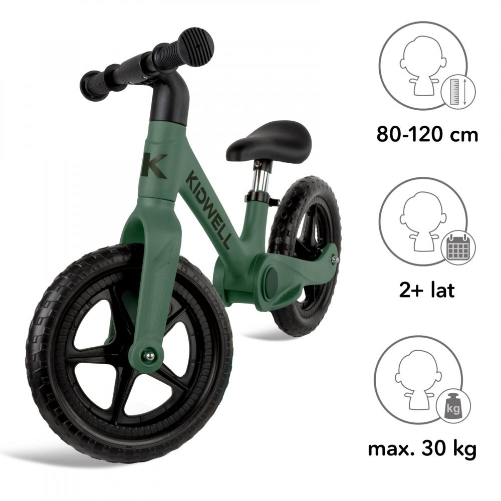 Kidwell Bicicleta de echilibru fara pedale pentru copii pliabila Flex Green ultra usoara 2.9 kg roti EVA 29 cm reglabila 80-120 cm maxim 30 kg